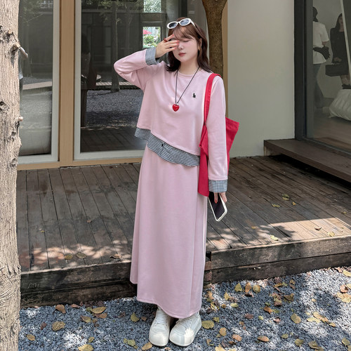 小波家2026春季胖m韩系格纹拼接刺绣卫衣高腰半身裙套装