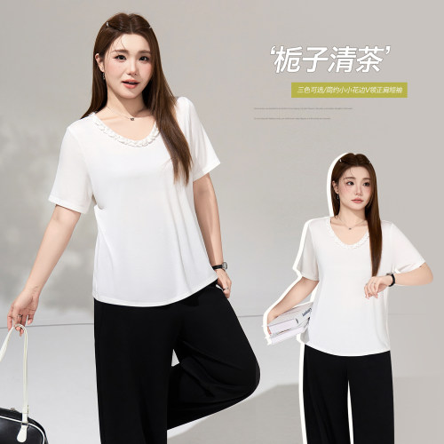大码女装V领精致木耳边短袖t恤女
