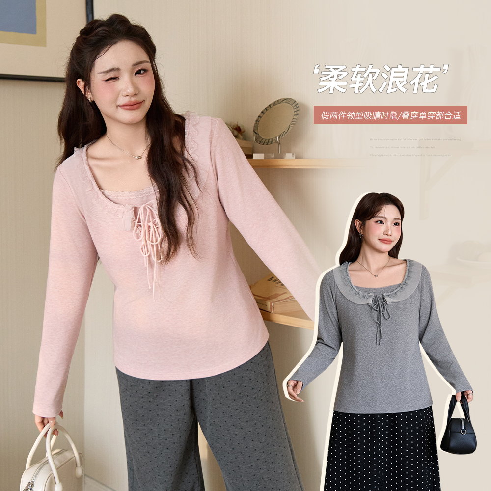 小波家2025冬季胖mm韩系假两件拼接绑带修身显瘦上衣