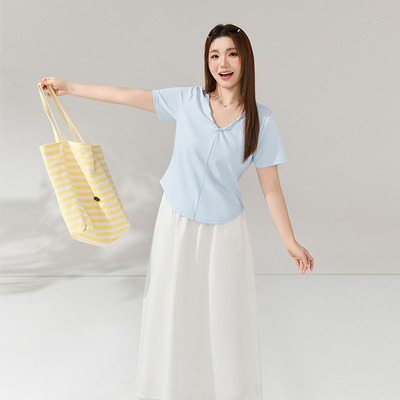 大码女装V领小清新时尚短袖T恤