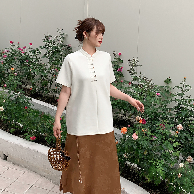 小波家2025夏季胖mm新中式国风立领盘扣宽松显瘦上衣