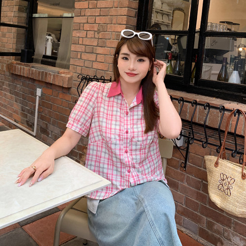 法式粉色格子纹短袖泡泡袖衬衫