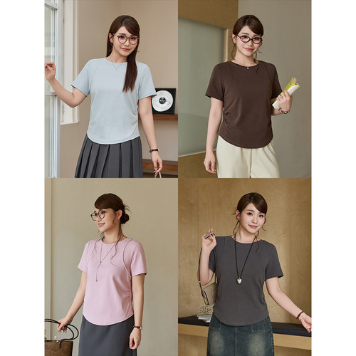 小波家2026夏季胖mm韩版正肩圆领宽松多色显瘦短袖T恤