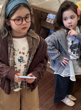 2025秋季新款女童韩系绞花针织衫毛衣儿童慵懒设计感连帽开衫外套