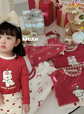 儿童女童圣诞家居服 新年红色磨毛男童宝宝秋冬秋衣套装 纯棉内衣