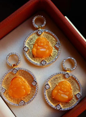 天然蜜蜡佛吊坠 满蜜蜜蜡弥勒佛 s925银镀金镶嵌 拉丝工艺