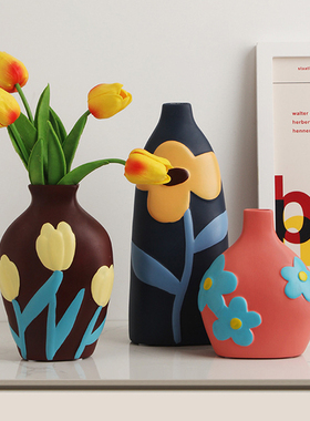 创意民族风莫兰迪色系手绘陶瓷花瓶复古彩绘摆件异域风情软装饰品