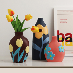 创意民族风莫兰迪色系手绘陶瓷花瓶复古彩绘摆件异域风情软装 饰品