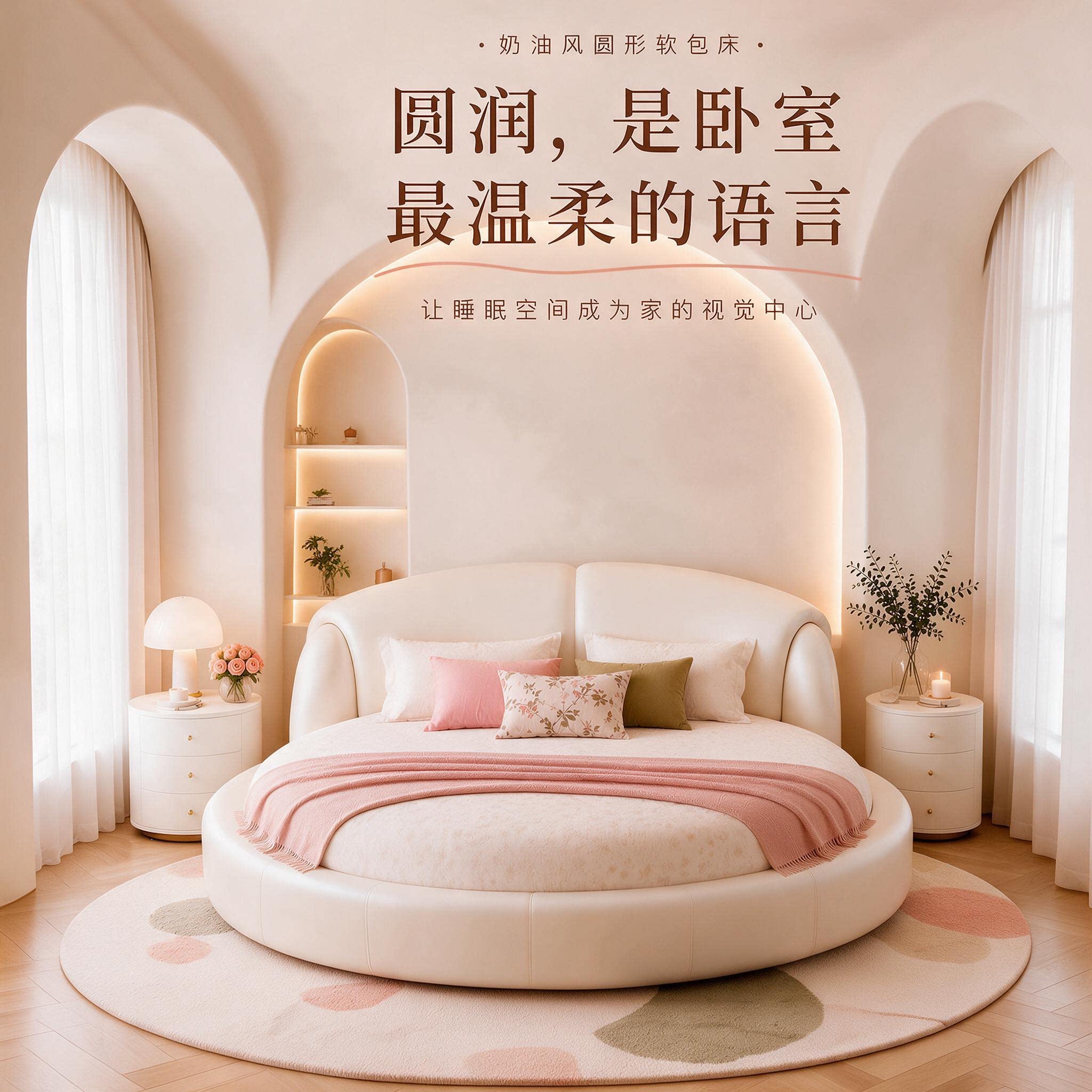 艺曼奶油风头层真皮圆形床软床真皮简约主卧双人床轻奢高档皮艺床