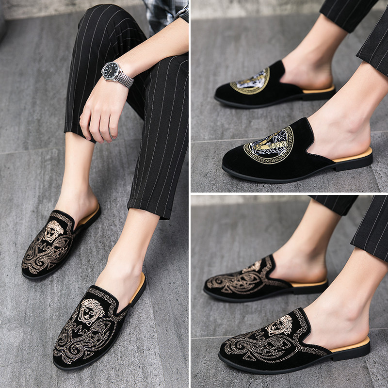 网红半托鞋夏季无后跟尖头皮鞋懒人豆豆鞋男士拖鞋男凉鞋半拖鞋男