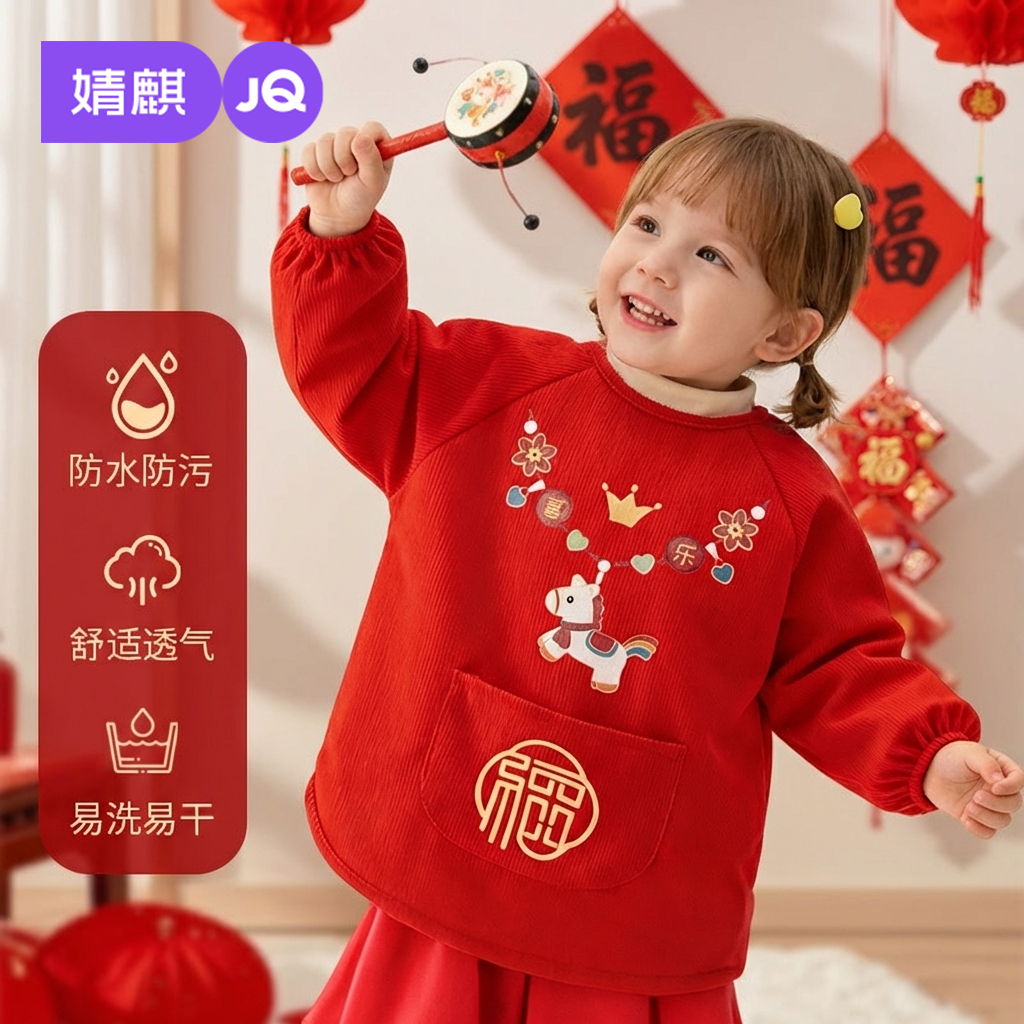 婧麒儿童罩衣秋冬季女孩宝宝防水防脏反穿衣中小童红色新年款外衣