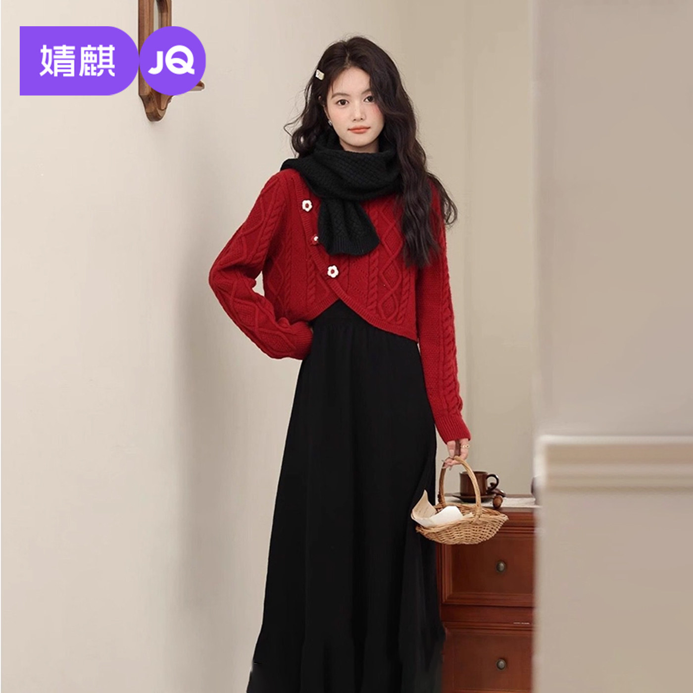 婧麒孕妇装连衣裙秋冬季新款穿搭小个子毛衣裙子圣诞穿搭红色套装