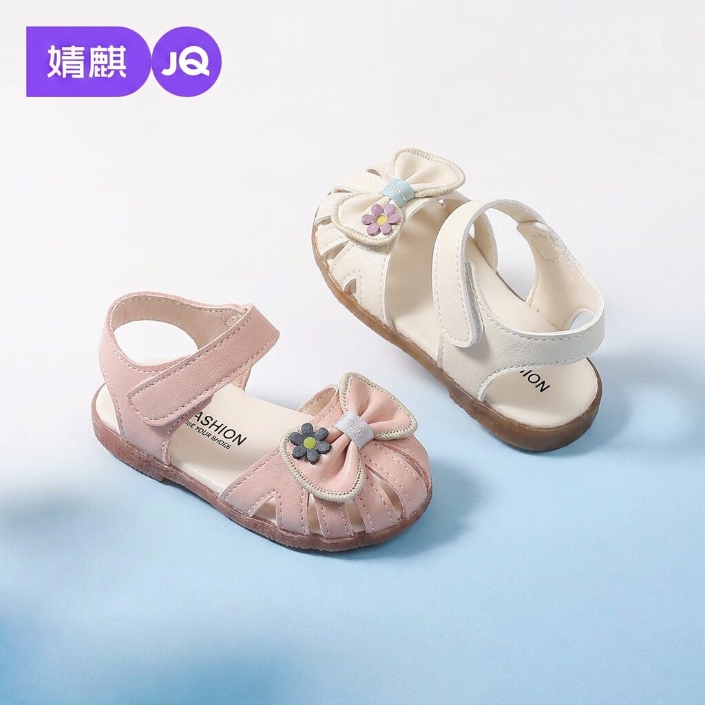 婧麒女童凉鞋2026新款夏季包头蝴蝶结花朵装饰软底防滑宝宝公主鞋