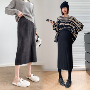 孕妇半身裙秋冬外穿高腰可调节托腹裙子中长款 开叉包臀直筒针织裙