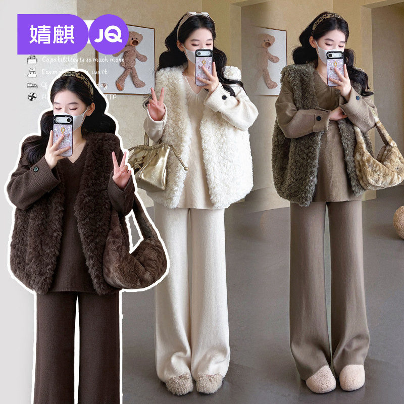 JQ婧麒孕妇套装秋冬季2026新款洋气遮孕肚V领针织衫加绒马甲长裤
