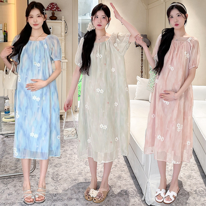 婧麒孕妇连衣裙夏款高气质中长裙甜美小清新孕妇裙子宽松遮孕肚