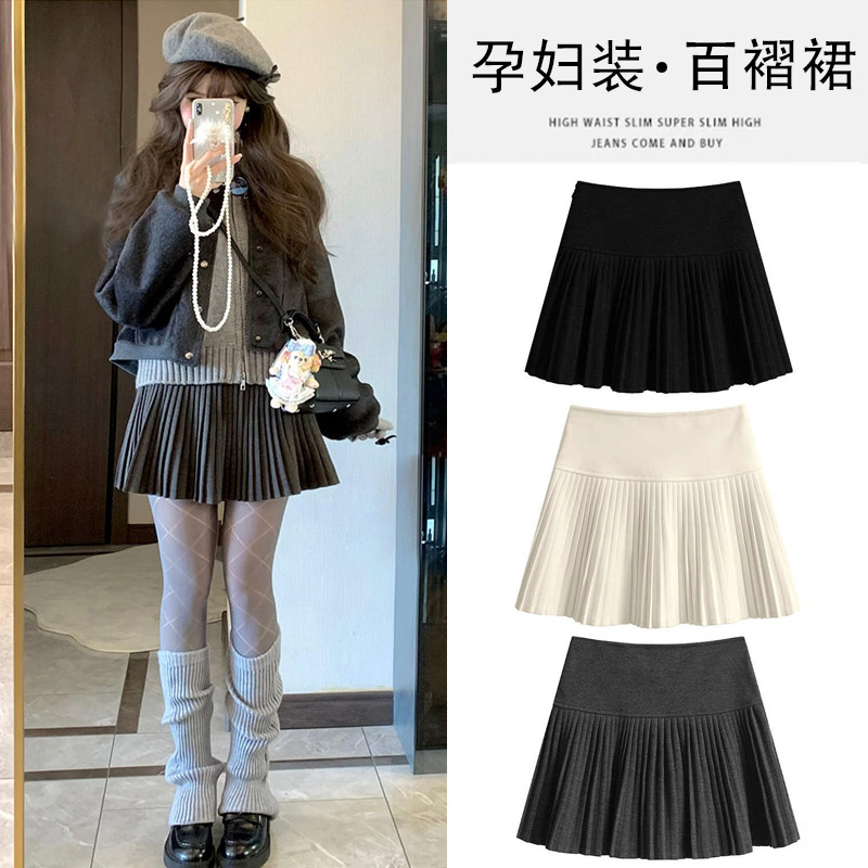 JQ婧麒孕妇半身裙秋冬装2026新款百褶裙毛呢加厚高腰减龄短款裙子