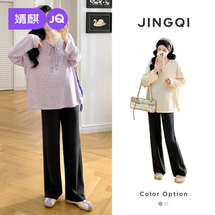 JQ婧麒孕妇装上衣春秋季2026新款洋气遮孕肚连帽字母印花纯色卫衣