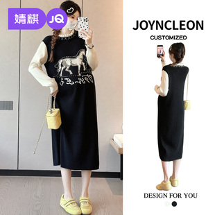 婧麒孕妇装假两件连衣裙2025新款秋冬孕期高级时尚卡通针织裙套装