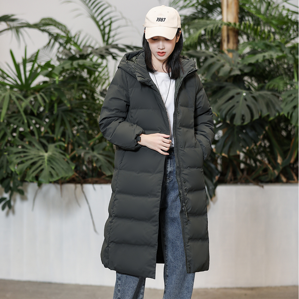 优家冬季女装无缝羽绒服女过膝长款连帽保暖简约墨绿色外套439720