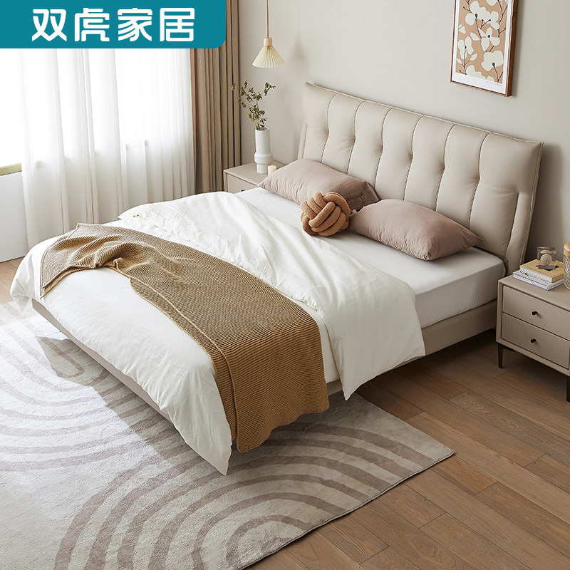 双虎头层牛皮真皮床轻奢现代简约主卧大床双人软包齐边婚床23630