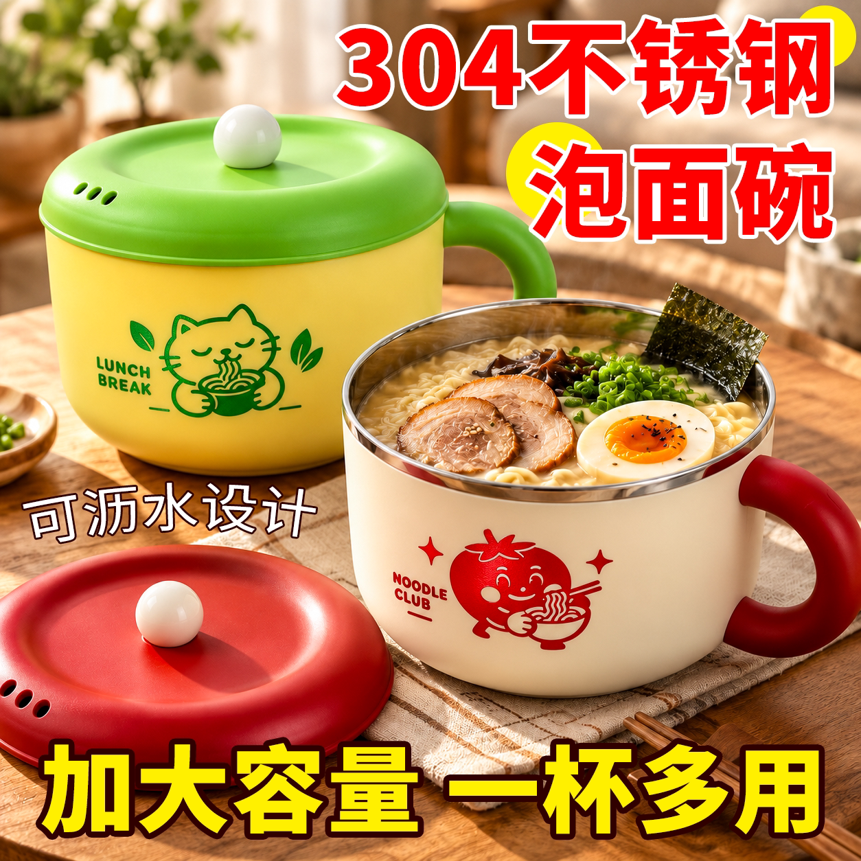 食品级304不锈钢泡面碗小狗卡通学生食堂大容量饭碗可沥水拌面碗