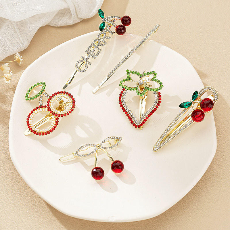 韩国可爱边夹樱桃发夹刘海夹少女彩色带钻一字夹发卡夹子鸭嘴夹