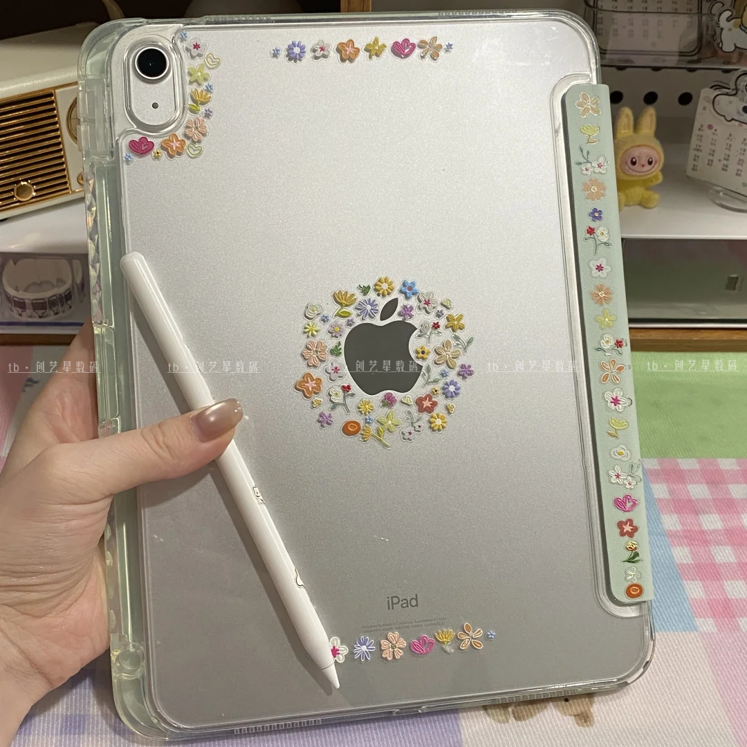ins日韩清新绿色小碎花10.2寸适用ipad11代平板保护壳pro2026新款air8亚克力带笔槽三折11寸苹果air7/6保护套