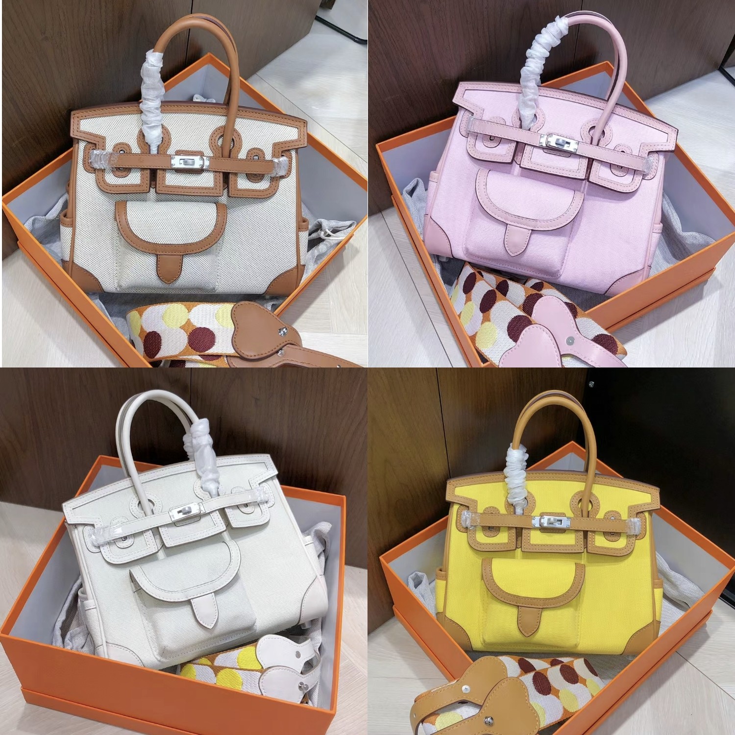 金妍推荐2025新款帆布拼头层牛皮铂金包25cm手提包女包单肩斜挎包