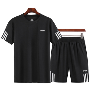男夏季,运动套装,休闲两件套健身服晨跑跑步速干衣宽松圆领t恤短袖