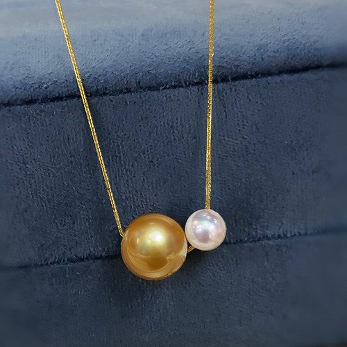 18k金双珠路路通项链 双子星针式万能 白+金正圆强光珍珠百搭多用