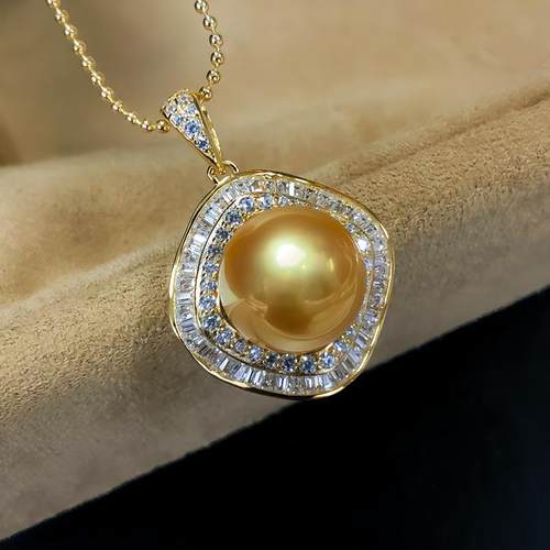 奢华精致金色珍珠项链吊坠 豪华高级镶嵌正圆强光 送礼套链颈链