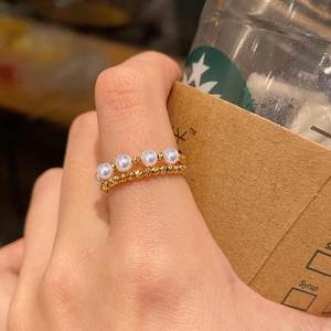 Akoya阿古屋天然海水小灯泡珍珠戒指女18k金轻奢高级双层指环