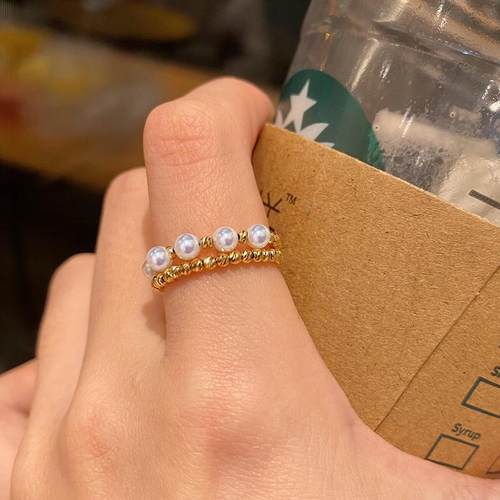 Akoya阿古屋天然海水小灯泡珍珠戒指女18k金轻奢高级双层指环