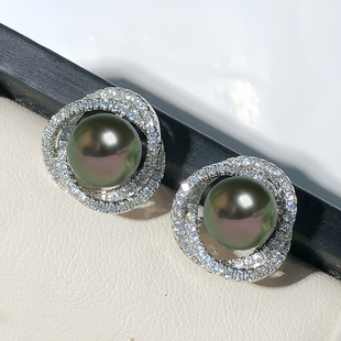 大溪地天然海水黑珍珠耳环饰正圆强光高端珠宝首饰 孔雀绿钢琴黑