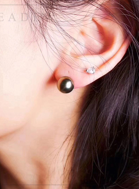 大溪地海水黑珍珠品质耳饰18K黄金白金tahiti裸珠偏孔雀绿专柜