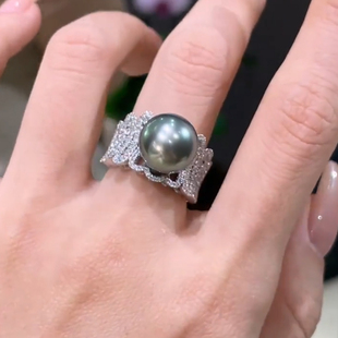 天然海水大溪地黑珍珠戒指女轻奢指环正圆强光专柜款精致蕾丝戒指