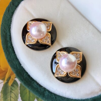 海水akoya珍珠耳环钉饰黑金珐琅山茶花小香 小灯泡轻奢带证书礼物