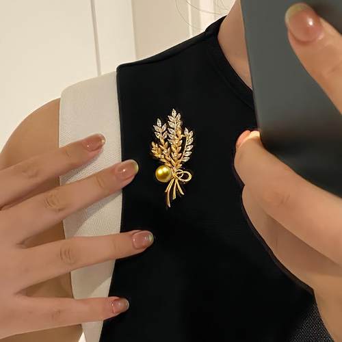 浓金胸针天然珍珠 高档女胸花别针精致毛衣链送礼盒高级麦穗