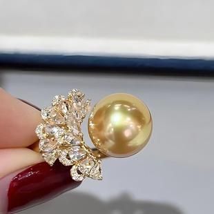 金珍珠孔雀翎戒指正圆强光手饰指环港工进口精工开活口中浓金