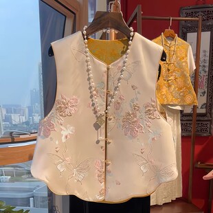 年轻版国风马甲新中式缎面提花马夹宋锦盘扣坎肩背心无袖上衣女春