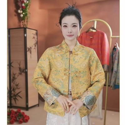 金玉满堂2026春季新款双面穿新中式长袖外套女宋锦提花国风短外套