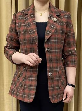 2025春秋季新款中年妈妈装宽松显瘦翻领上衣女格子小西装短款外套