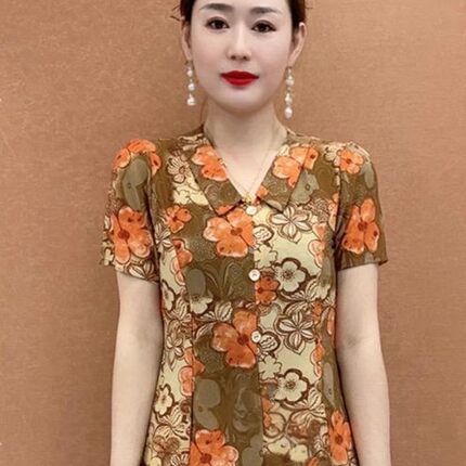 中老年娃娃领碎花短袖小衫夏季新款X洋气减龄小个子妈妈短款t恤衫