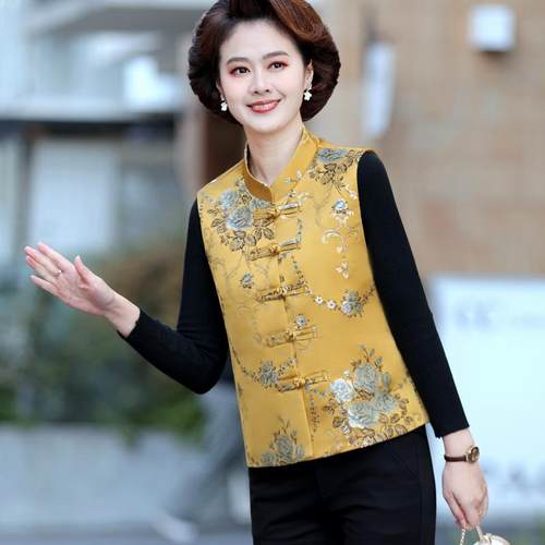 新中式妈妈盘扣马甲外套时尚复古中老年女装春秋唐装马夹上衣M3