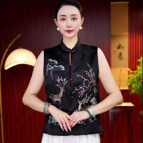 新中式百搭显瘦刺绣花马甲女2025秋季新款双面穿立领无袖坎肩背心