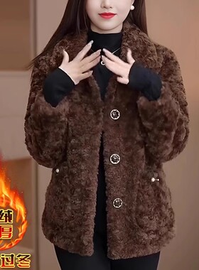 妈妈装短款羊羔毛外套女2025冬季新款时尚休闲毛皮一体羊羔绒上衣