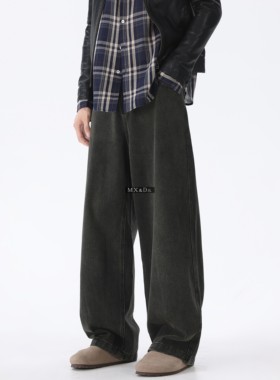 早春新款黑牛无logo简木美式高街宽松直筒裤牛仔裤男黑色复古水洗