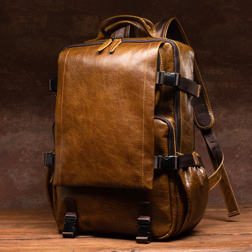 慢时光复古双肩包户外真皮双肩包