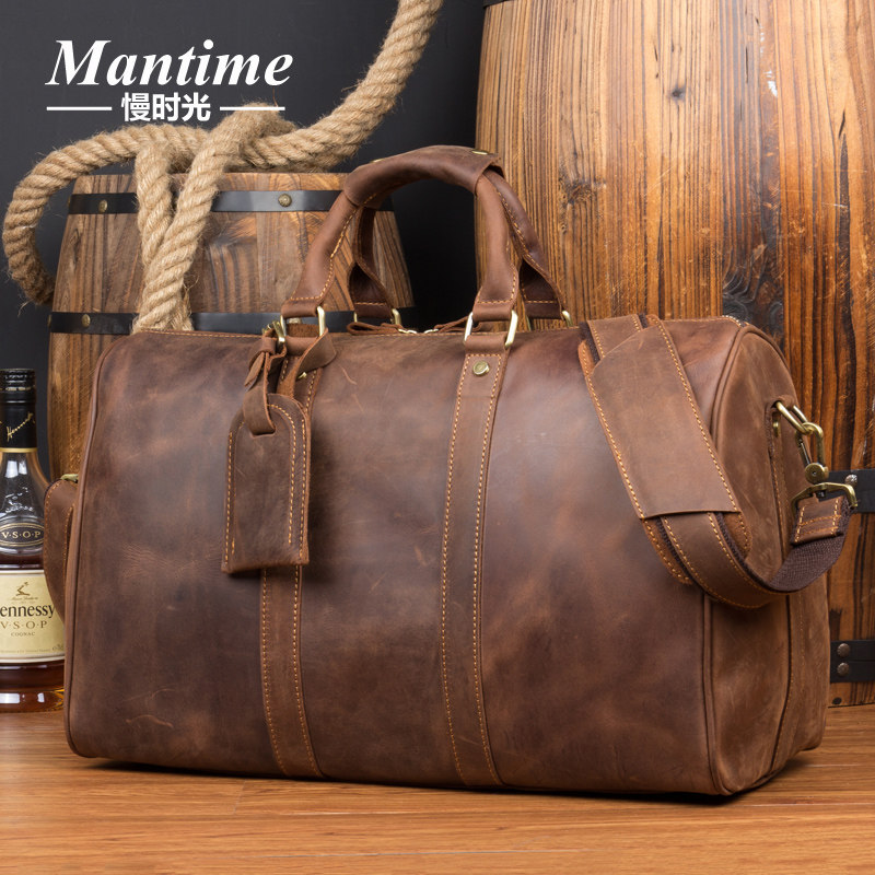 慢时光疯马皮欧美旅行包真皮做旧男包牛皮手提单肩斜挎包健身包